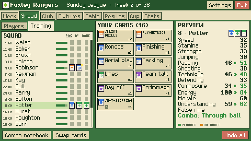 Training screen with cards and a player's stats